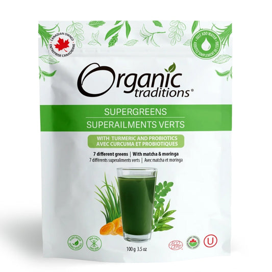 Organic traditions Super Verts Avec Probiotiques et Curcuma Biologiques Probiotics Super Greens with Turmeric Organic