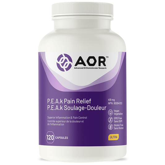 AOR P.E.A.K Soulage douleur 419 mg contrôle supérieur de la douleur et de l'inflammation végétalien sans ogm sans gluten 120 capsules 