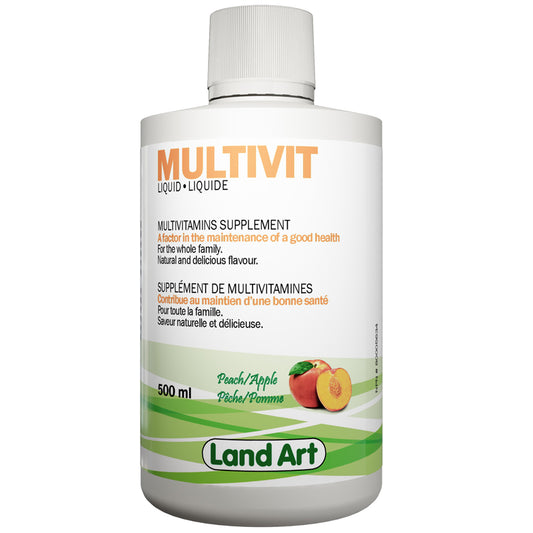 Land Art multivit liquide supplément de multivitamines contribue au maintien d'une bonne santé saveur pêche pomme 500 ml