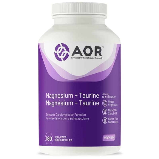 AOR Magnésium + taurine 365 mg favorise la fonction cardiovasculaire végétalien sans ogm sans gluten 180 végécapsules