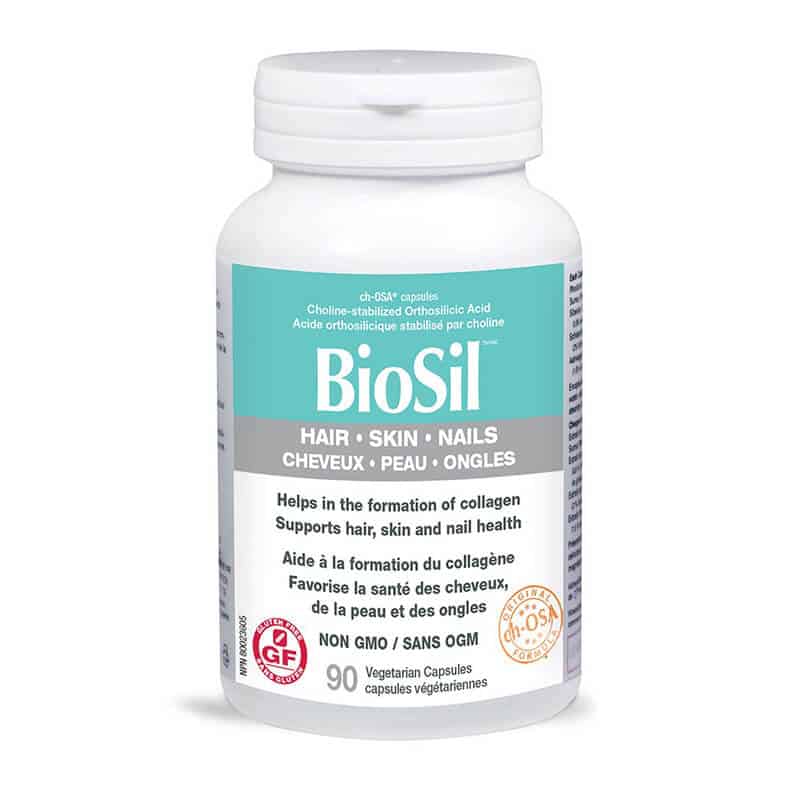 BioSil Cheveux Peau Ongles Aide à la formation du collagène Favorise la santé des cheveux, de la peau et des ongles sans ogm 90 capsules 