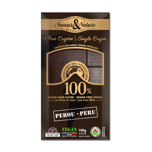 Tablette De Cacao 100% Pure Sans Sucre Origine Pérou