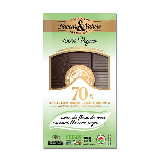 Tablette de Chocolat Noir 70% Cacao Au Sucre De Fleur De Coco
