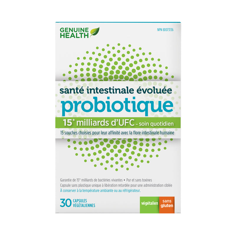 Genuine Health probiotique santé intestinale évoluée 15 milliards d'ufc soin quotidien végétalien sans gluten 30 capsules végétariennes