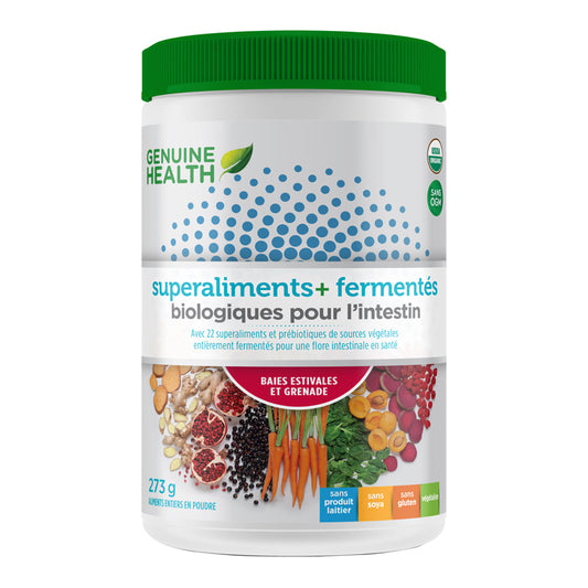 Genuine Health superaliments + fermentés biologiques pour l'intestin sans produit laitier sans soya sans gluten végétalien 273g poudre baies estivales et grenade