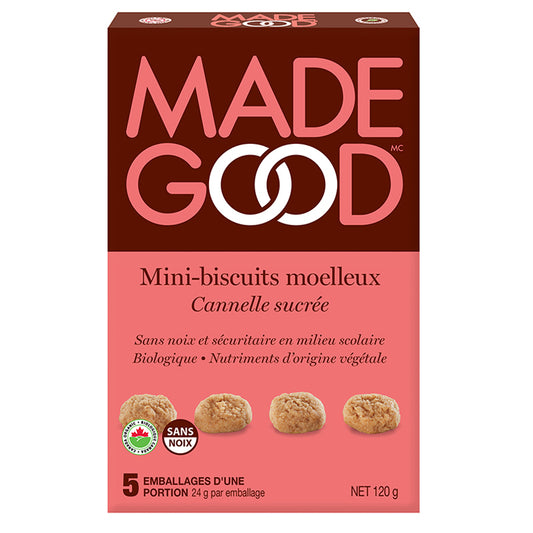made good mini-biscuits moelleux cannelle sucrée sans noix sécuritaire milieu scolaire biologique nutriments origine végétale 5 emballages portin 24 g net 120 g