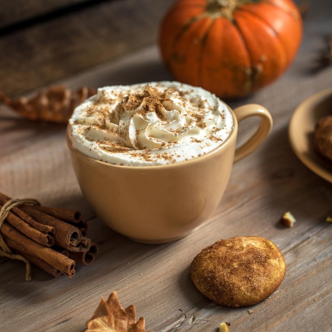 chai latte with whip cream and cinnamon, walnuts, cookie, pumpkin