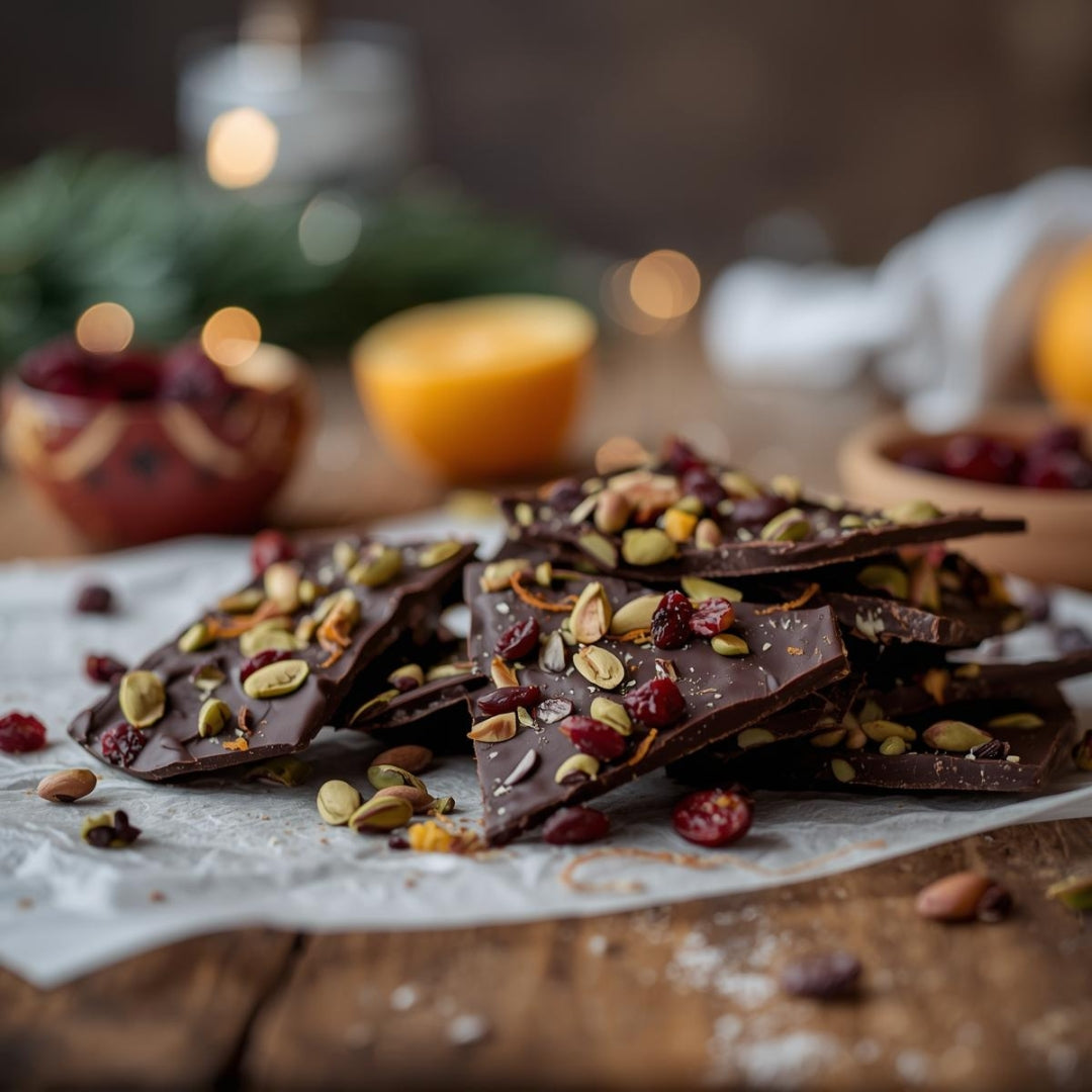 écorces de chocolats aux pistaches et canneberges sur papier parchemin et table en bois
