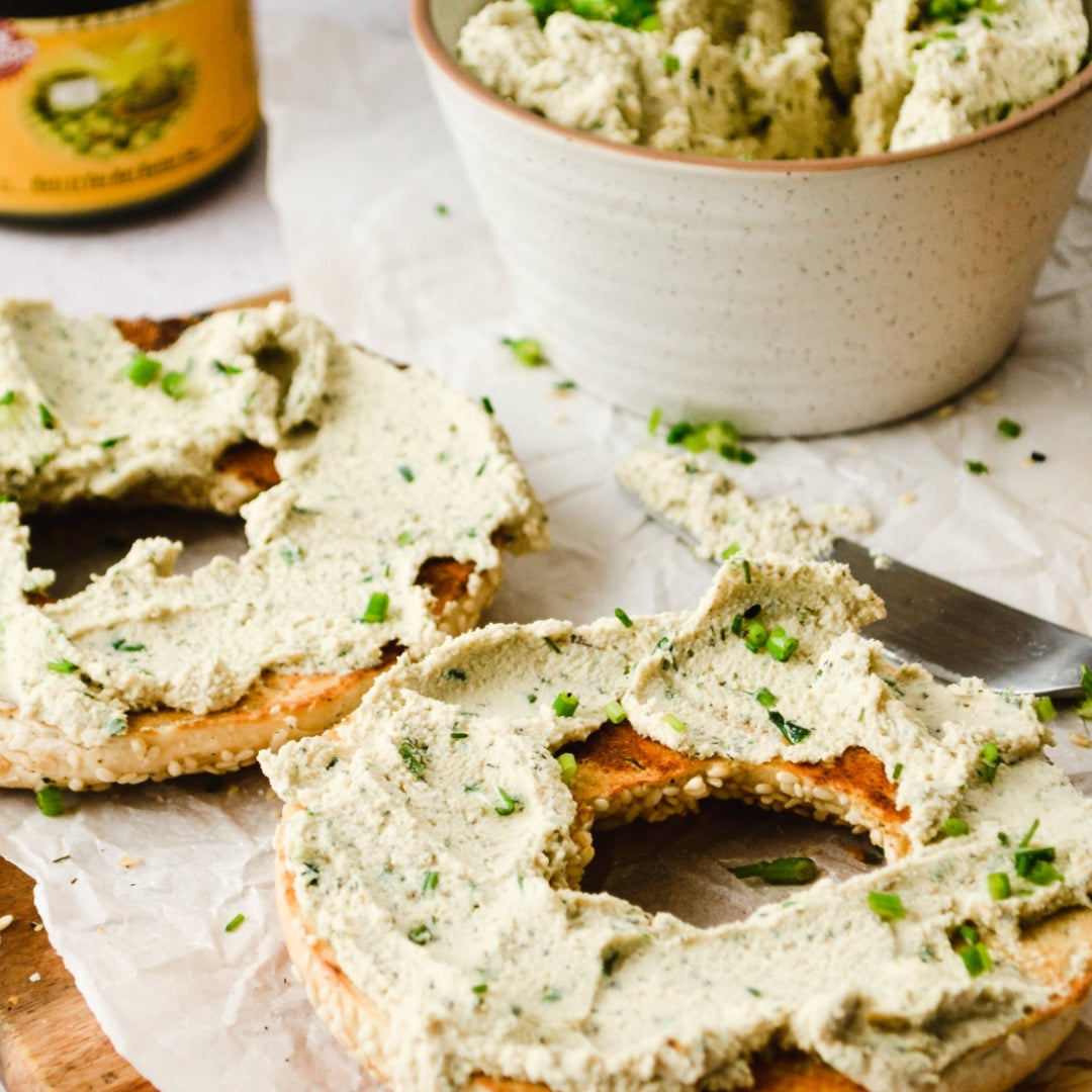 plant-based cream cheese on toasted bagels