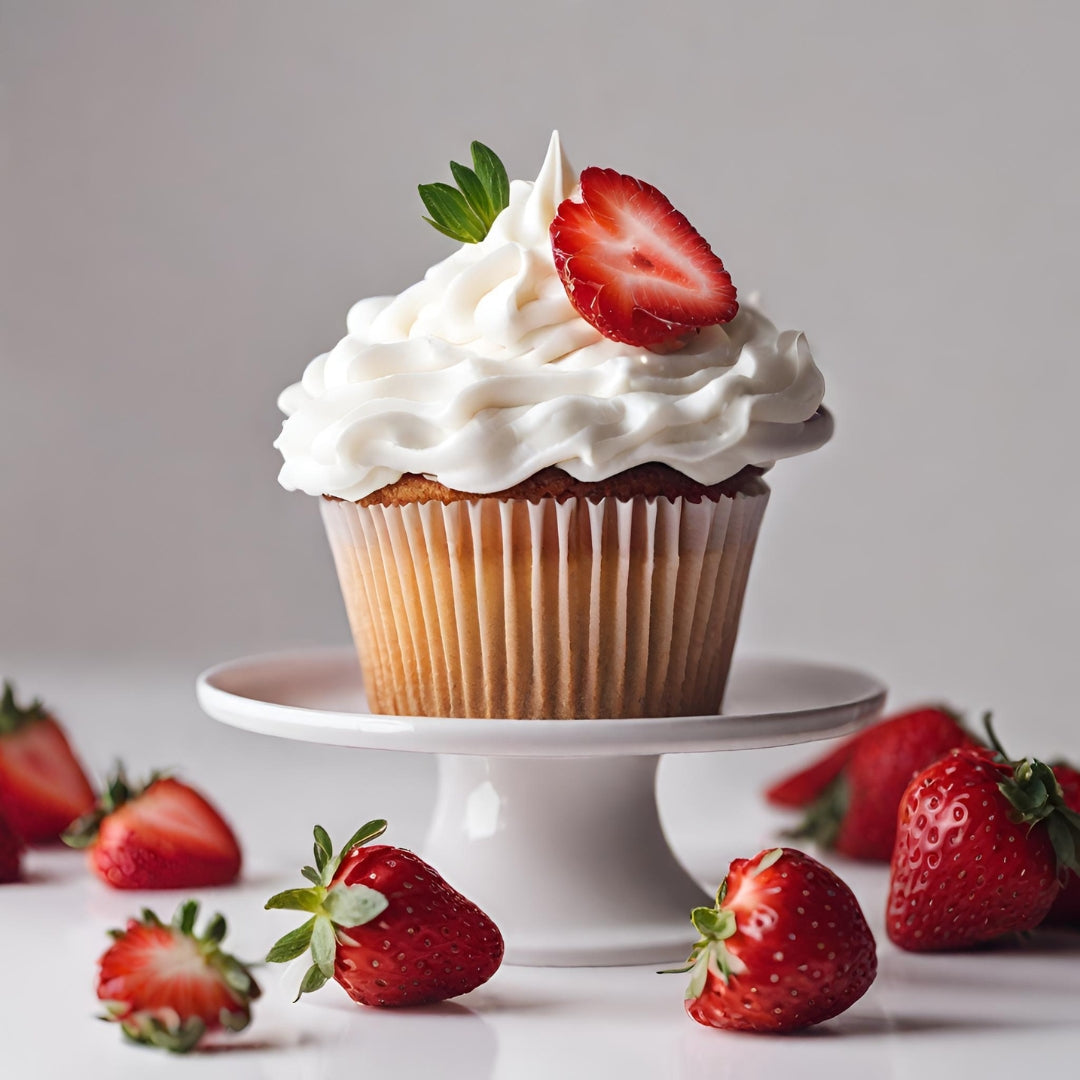 cupcakes with white frosting and strawberry on white plate