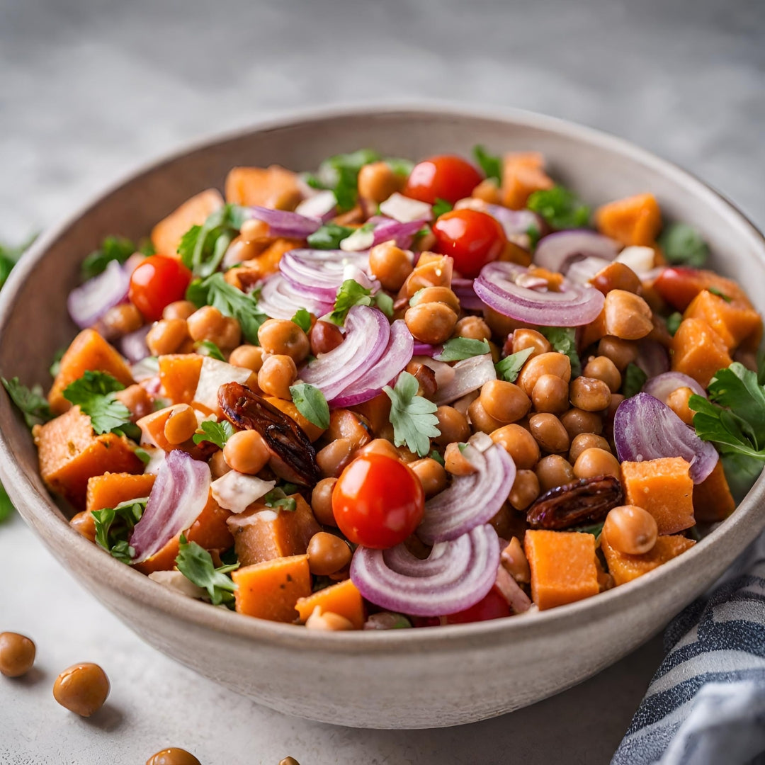 salade patates douces, pois chiches, oignons rouges, tomates, bol blanc