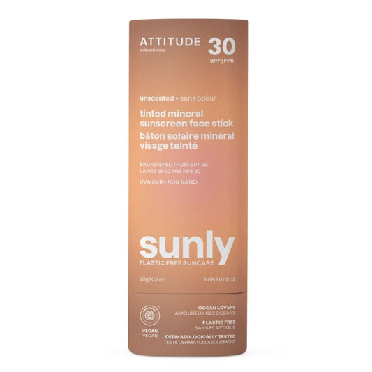 ATTITUDE Sunly Bâton solaire minéral visage Teinté FPS 30 - Sans odeur Tinted mineral Sunscreen face stick SPF 30 - Unscented