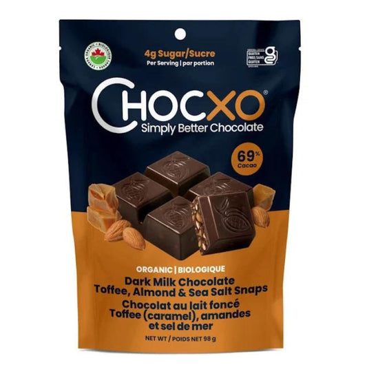 Chocxo Snaps au chocolat 69 % caramel, amandes et sel de mer Snaps chocolate 69% toffee, almonds & sea salt