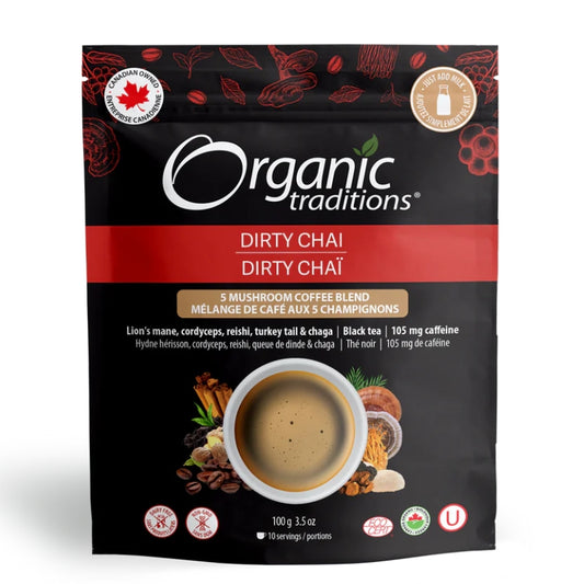Organic Traditions Dirty Chaï Mélange De Café Aux 5 Champignons 105 g de caféine