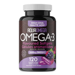 AquaOmega - Omega-3 - Haute en ADH gélules aromatisées 2 600mg - Raisin - 120 gel