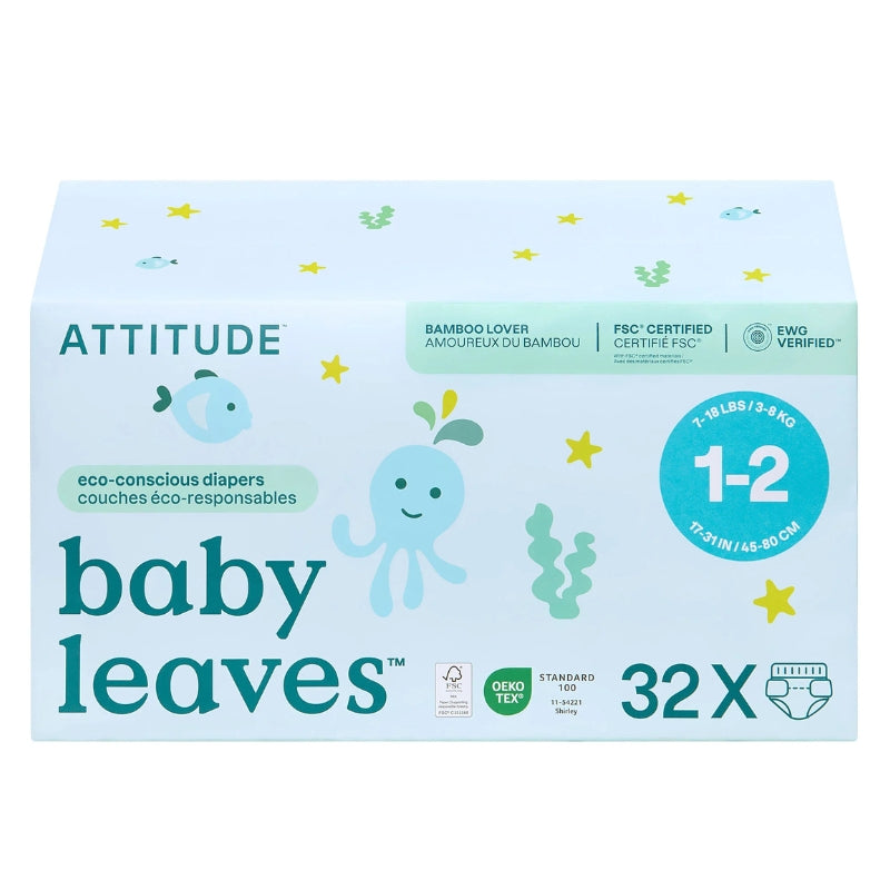 Attitude - Baby leaves couches bébé- Taille 1-2 (3-8 kg) - 32 unités
