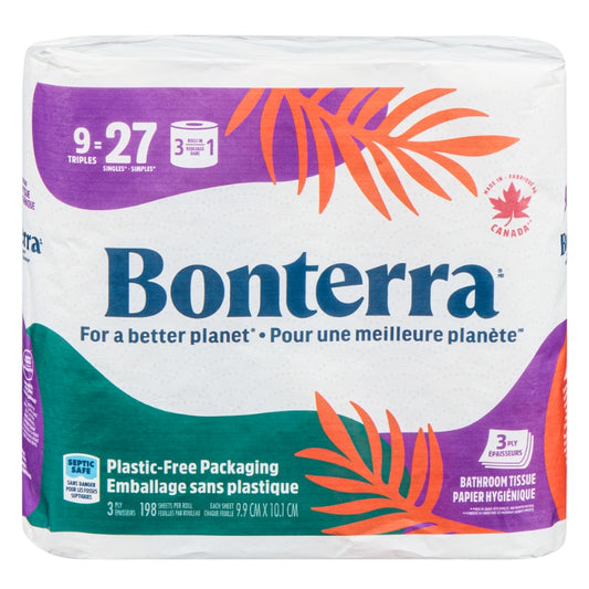 Bonterra - Papier hygiénique méga rouleaux - 3 épaisseurs - 9 rouleaux