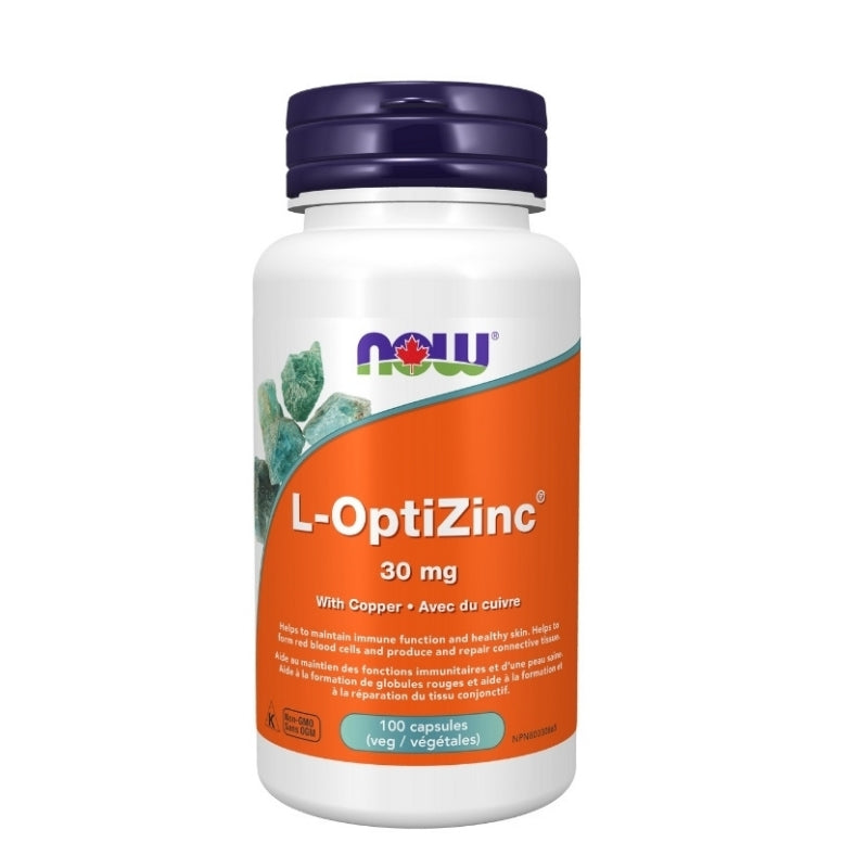 now now l-optizinc 30 mg avec du cuivre fonctions immunitaires formation globules rouges réparation tissu conjonctif 100 capsules végétales sans ogm