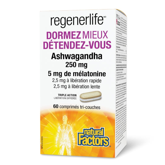 Natural Factors - RegenerLife Dormez Mieux - Ashwagandha 250 mg - 60 comp. tri-couche