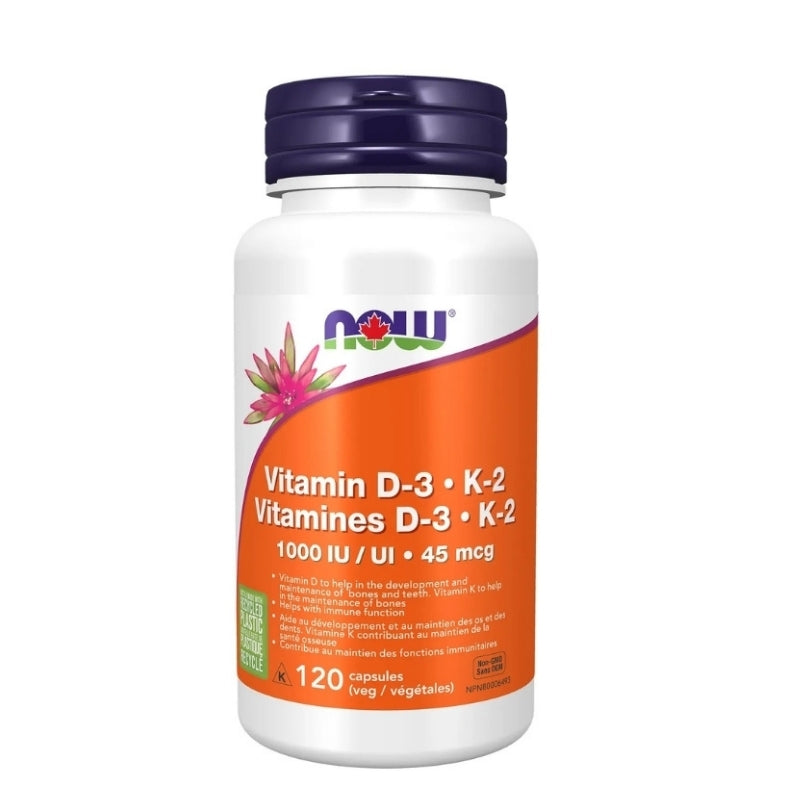 now vitamines d3 k2 1000 ui 45 mcg aide croissance des os sans ogm 120 capsules végétales