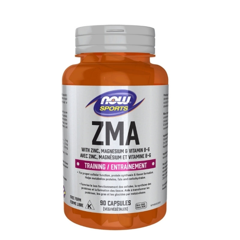 now sports zma zinc magnésium vitamine b-6 entraînement favorise bon fonctionnement cellules synthèse protéines formation tissu  forme libre sans ogm 90 capsules
