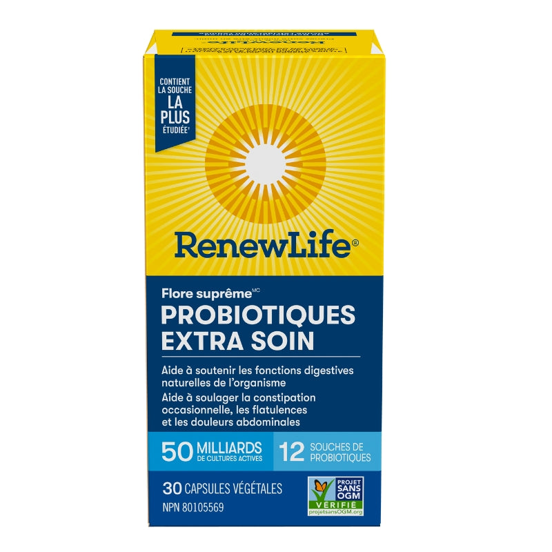 Renew life Flore Suprême Extra Soin, 50 milliards Fonctions digestives Soulage la constipation, les flatulences  les douleurs abdominales.