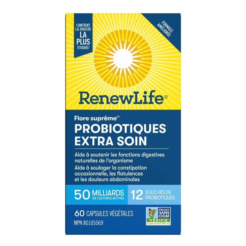 Renew life Flore Suprême Extra Soin, 50 milliards Fonctions digestives Soulage la constipation, les flatulences  les douleurs abdominales.