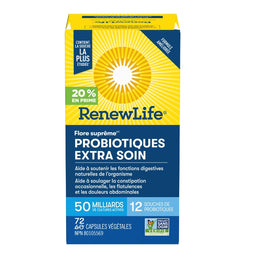 Renew life Flore Suprême Extra Soin, 50 milliards Fonctions digestives Soulage la constipation, les flatulences  les douleurs abdominales.