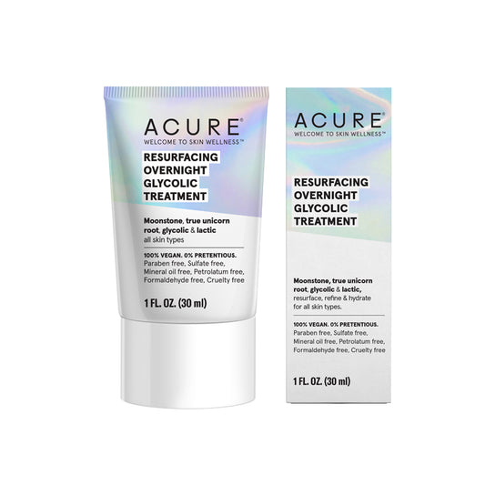 acure resurfacing overnight glycolic treatment moonstone true unicorn root glycolic and lactic all skin types vegan 30 ml
