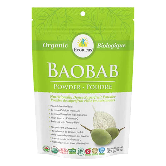 Ecoideas Poudre de Bobab biologique poudre de superfruit riche en nutriments puissant antioxydant source élevée en vitamine C vegan sans ogm 227g
