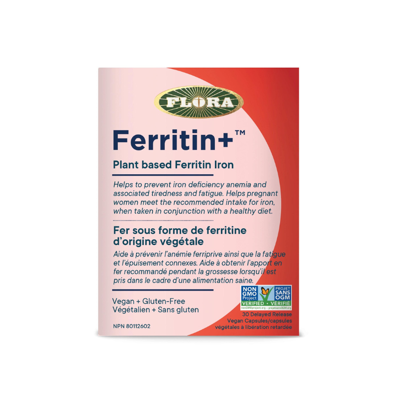 Flora Ferritin+ Fer sous forme de ferritine d'origine végétale  Aide a prévenir l'anémie ferriprive ainsi que la fatigue et l'épuisement connexes Aide à respecter l'apport recom-mandé de fer pendant la grossesse lorsqu'il est pris dans le cadre d'une alimentation saine végétalien sans gluten 30 capsules 