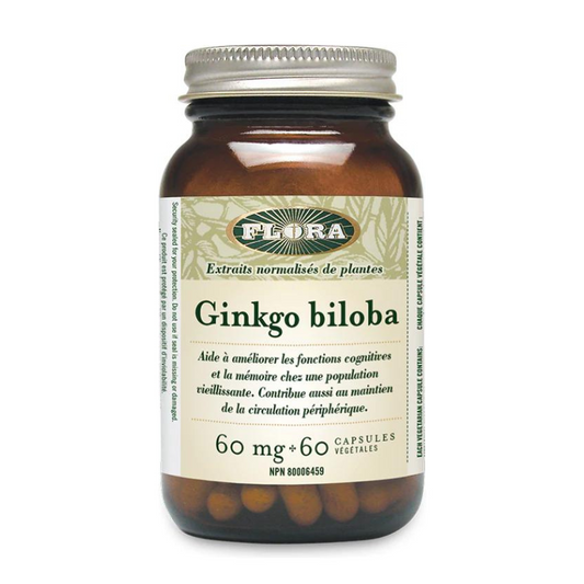 Flora Ginkgo biloba Aide à améliorer les fonctions cognitives et la mémoire chez une population vieillissante. Contribue aussi au maintien de la circulation périphérique 60 mg 60 capsules