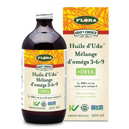 Flora Huile d'Udo Mélange d'omega 3+6-9 + DHA acide gras oméga-3 origine végétale 500 ml