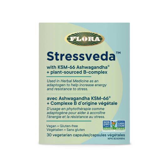 Flora Stressveda Ashwagandha accroitre énergie Résistance au stress Végétalien Sans gluten Complex B Sans OGM 30 capsules