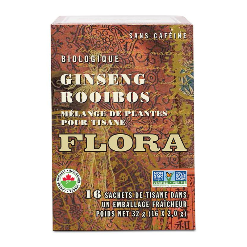 Flora Ginseng Rooibos mélange de plantes pour tisane biologique sans caféine 16 sachets