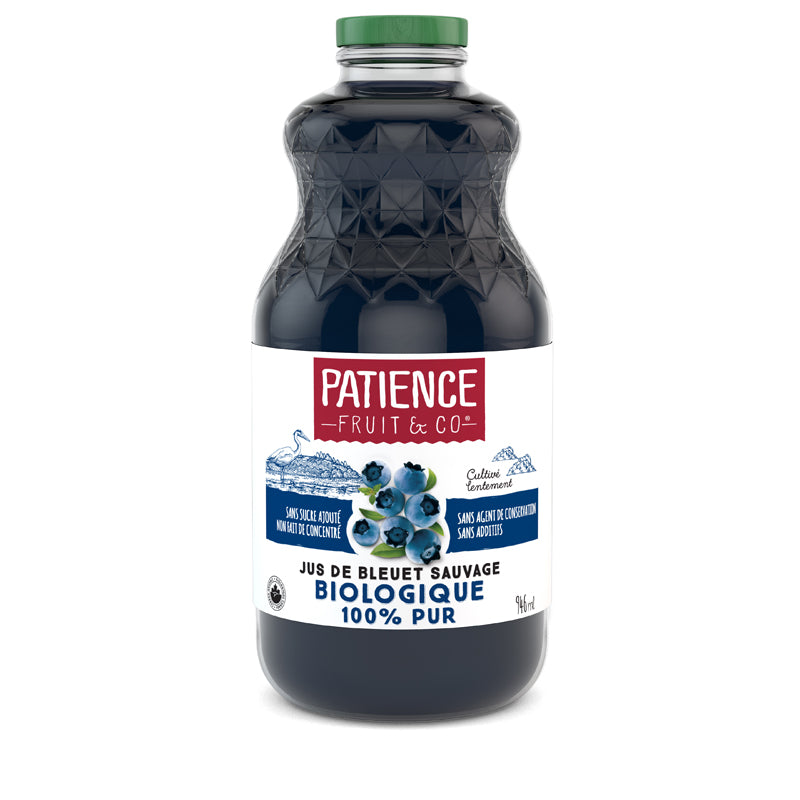 patience fruit & co cultivé lentement sans agent conservation jus bleuet sauvage biologique 100% pur 946 ml