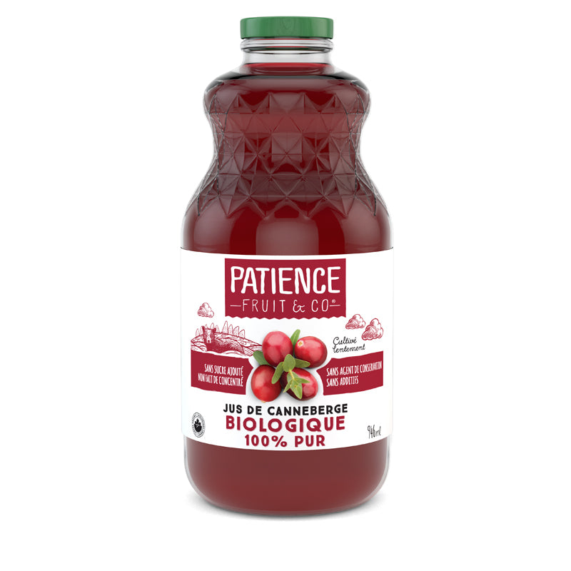 patience fruit & co cultivé lentement sans agent conservation jus canneberge biologique 100% pur 946 ml