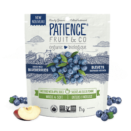 patience fruit & co biologique bleuets sauvages séchés cultivé lentement sucrés au jus de pomme entiers et moelleux sans ogm 85 g