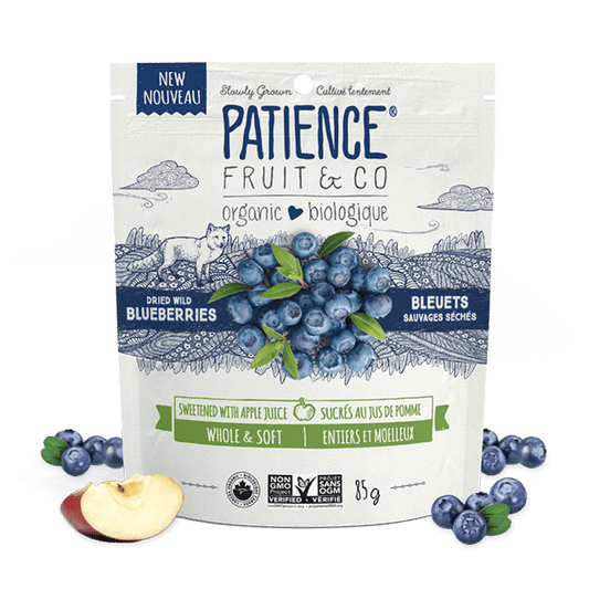 patience fruit & co biologique bleuets sauvages séchés cultivé lentement sucrés au jus de pomme entiers et moelleux sans ogm 85 g