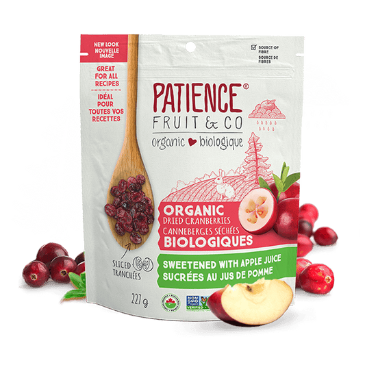 patience fruit & co biologique source fibres canneberges séchées biologiques sucrées jus de pomme tranchées sans ogm 227 g