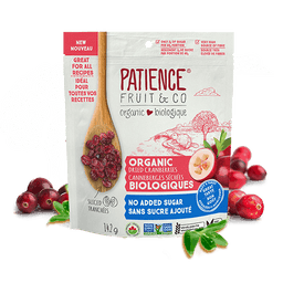 patience fruit & co biologiquesource élevée fibres canneberges séchées biologiques sans sucre ajouté tranchées sans ogm 142 g