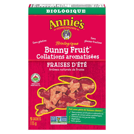 annie's homegrown biologique bunny fruit collations aromatisées fraise d'été arômes naturels fraise sans ogm sans gélatine sans glucose-fructose végétalien 5 sachets 115 g
