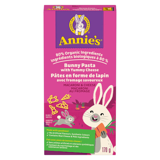 annie's ingrédients biologique à 80% pâtes forme lapin fromage savoureux macaroni fromage sans arômes artificiels sans colorants synthétiques contient vrai fromage contient substances laitières 170 g