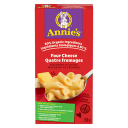 annie's ingrédients biologiques à 80% quatre fromages macaroni au fromage vrai fromage sans arômes artificiels sans colorants synthétiques contient vrai fromage contient substances laitières 156 g