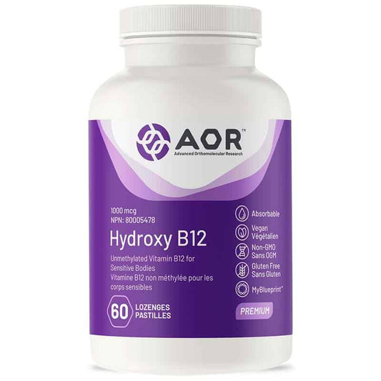 AOR Hydroxy B12 1000 mcg vitamine b12 non méthylée pour les corps sensibles absorbable végétalien sans ogm sans gluten 60 pastilles lozenges