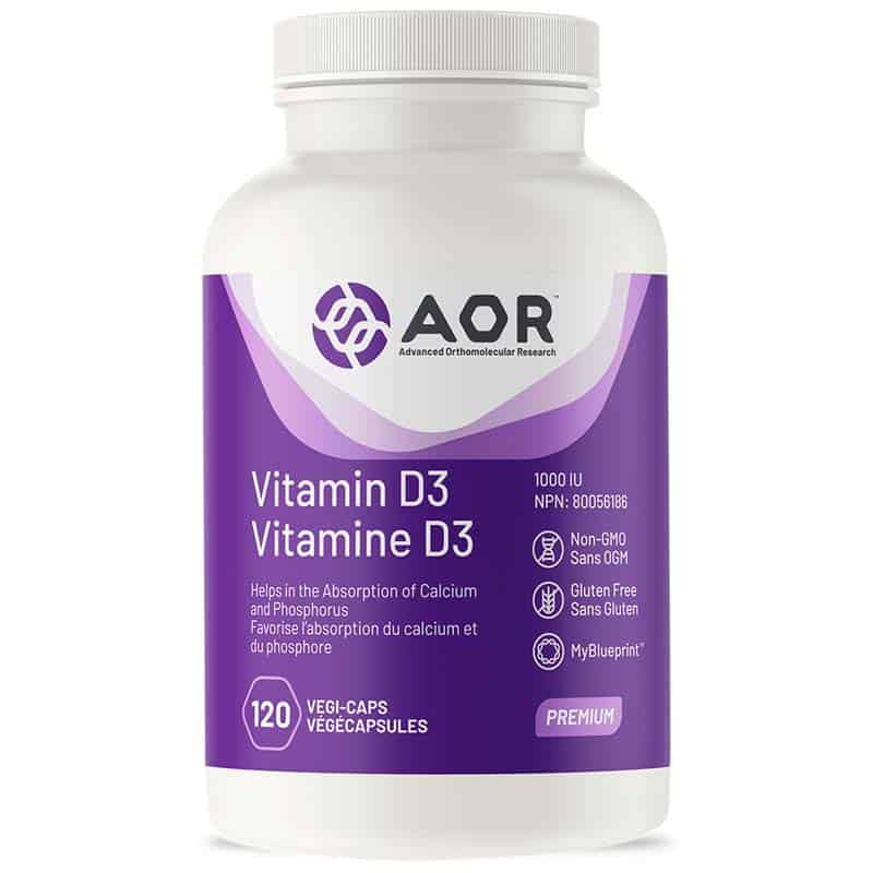 AOR Vitamine D3 1000 IU favorise l'absorption du calcium et du phosphore  sans ogm sans gluten 120 végécapsules