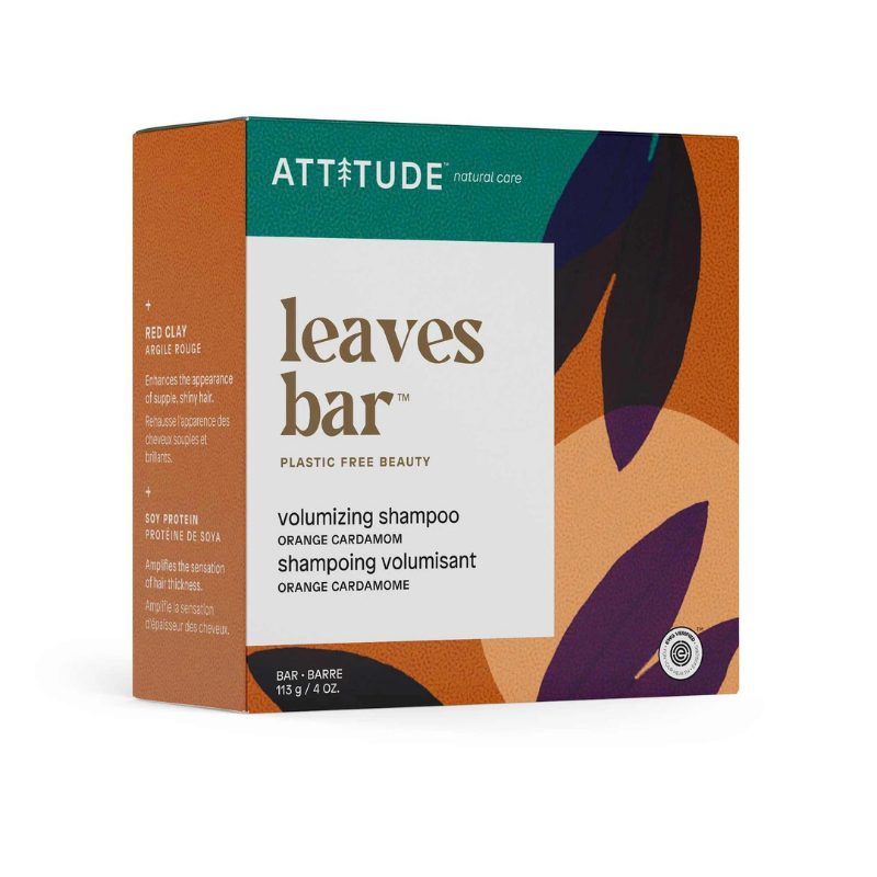 Attitude Leaves Bar Shampoing Volumisant Orange Cardamome Barre Biodégradable Végane Sans cruauté Produit du Québec