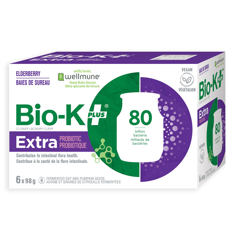 Bio-K plus Extra Probiotique Végétalien Extra Buvable Sureau Wellmune Avoine Graines de citrouilles 80 millions