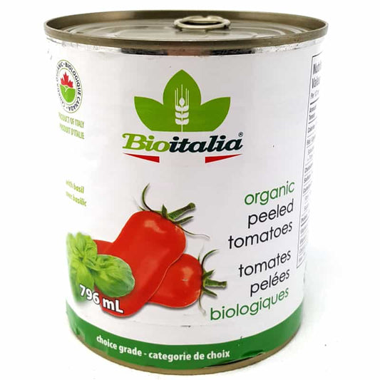 Organic peeled tomatoes with basil