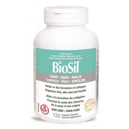 BioSil Cheveux Peau Ongles Aide à la formation du collagène Favorise la santé des cheveux, de la peau et des ongles sans ogm 120 capsules 